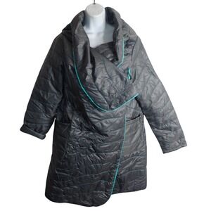 Betabrand x Rumpl Womens Puffy Blanket Wrap Coat Gray Teal Size S/M